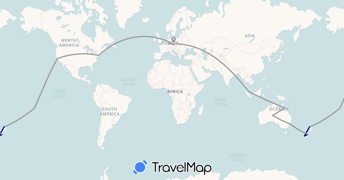 TravelMap itinerary: driving, plane in Australia, Czech Republic, Germany, New Zealand, French Polynesia, Singapore, United States (Asia, Europe, North America, Oceania)